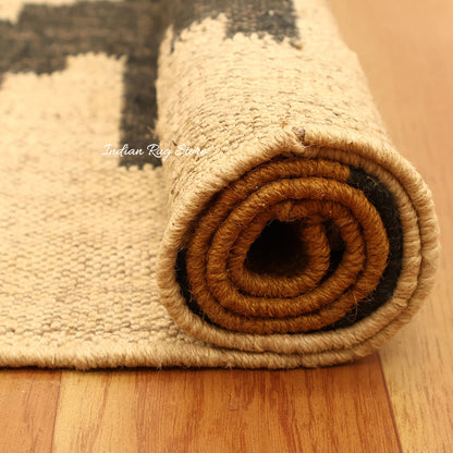 Hand Woven Geometric Beige Black Home Decor Wool Jute Rug