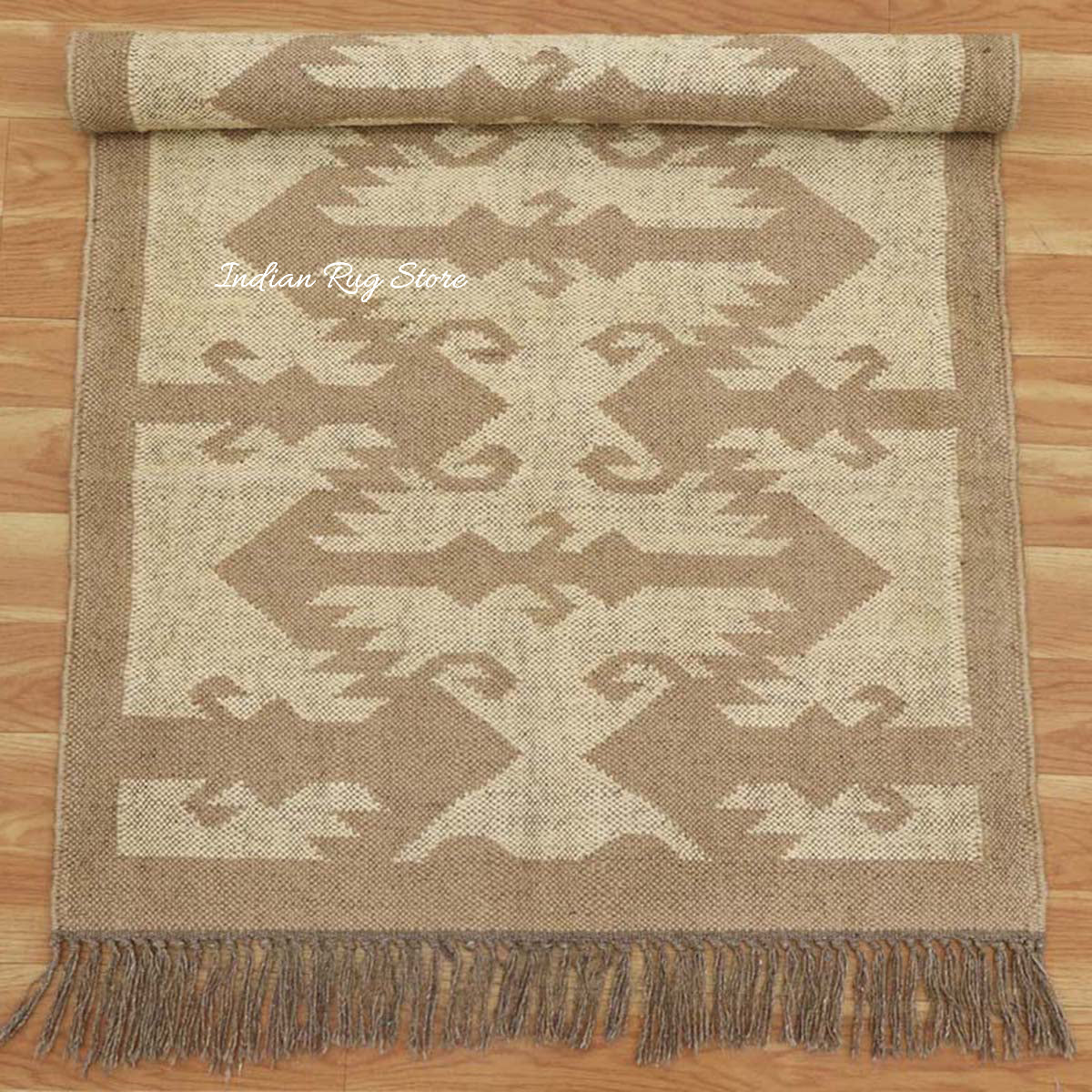 Indian Hand Woven Geometric Beige Brown Wool Jute Rug