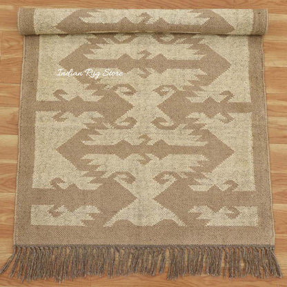 Indian Hand Woven Geometric Beige Brown Wool Jute Rug