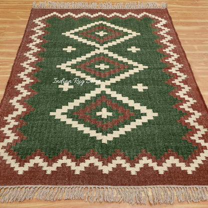 Geometric Hand Woven Dark Green Brown Interior Decor Wool Jute Rug