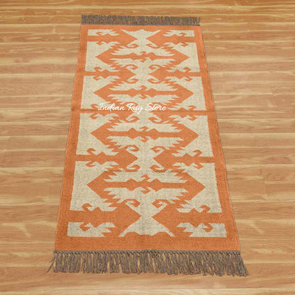 Indian Hand Woven Beige Orange Wool Dining Area Rug