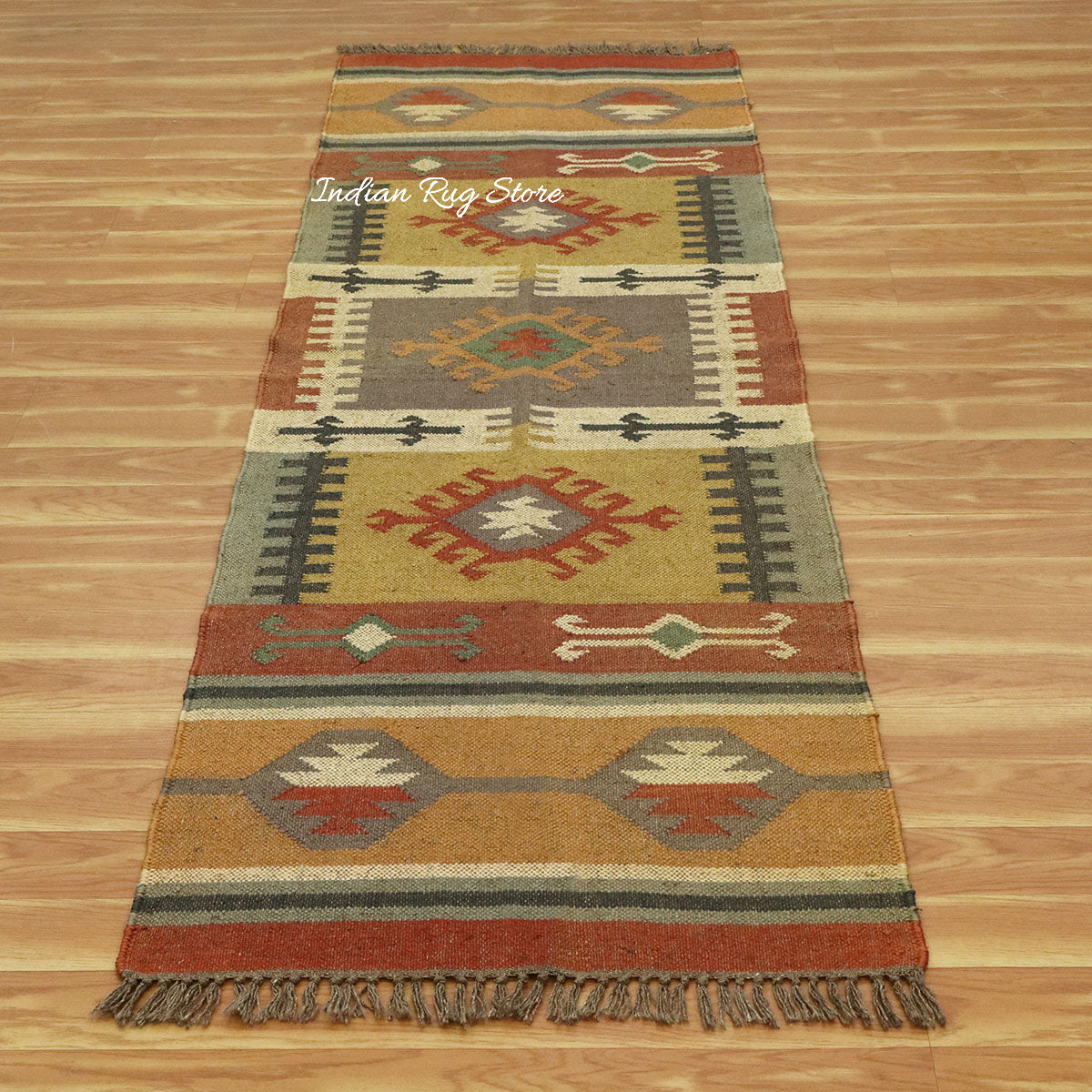 Indian Hand Woven Brown Multicolor Geometric Home Decor Wool Jute Rug