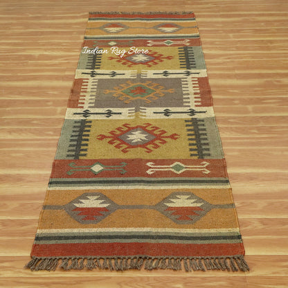 Indian Hand Woven Brown Multicolor Geometric Home Decor Wool Jute Rug