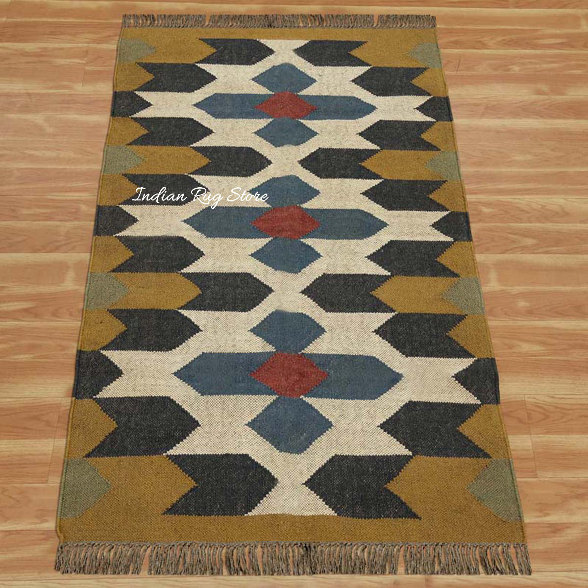 Indian Hand Woven Geometric Yellow Beige Wool Jute Rug