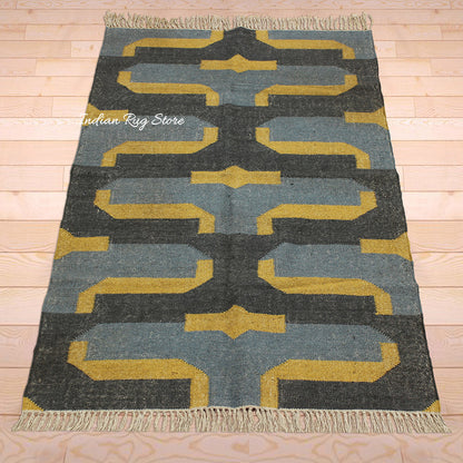 Indian Hand Woven Geometric Black Yellow Trendy Wool Jute Rug