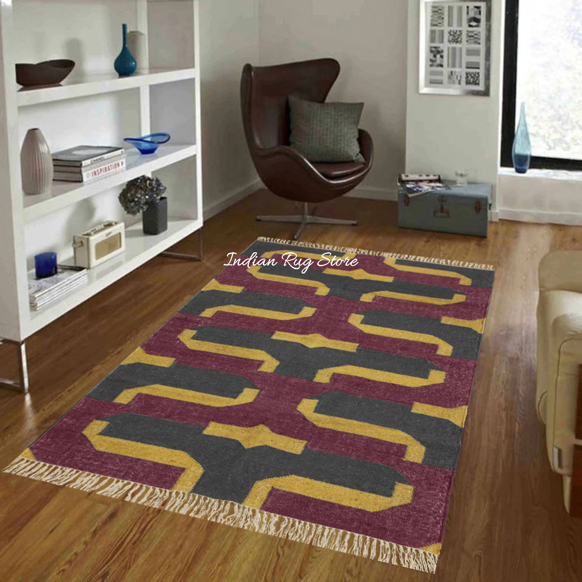 Purple Brown Gray Hand Woven Geometric Entrance Decor Wool Jute Rug