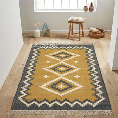 Indian Hand Woven Geometric Yellow Gray Wool Jute Rug