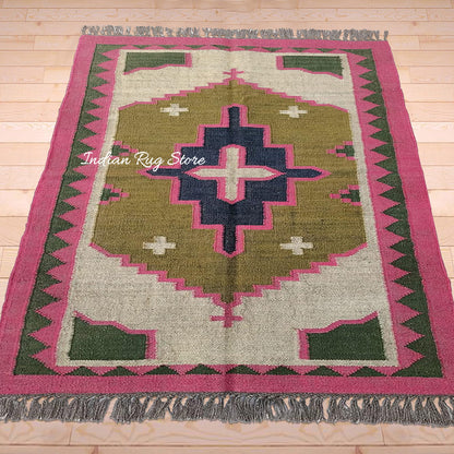 Multicolor Indian Hand Woven Geometric Bedroom Decor Wool Jute Rug