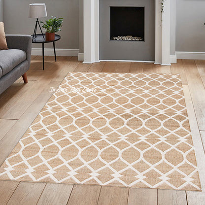 Beige White Indian Hand Woven Geometric Dining Hall Wool Jute Rug