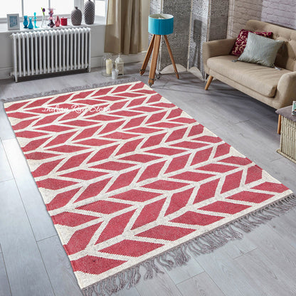 Red White Indian Hand Woven Geometric Dining Hall Beautiful Wool Jute Rug