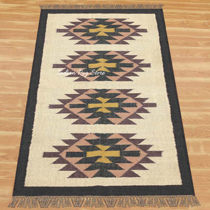 Multicolor Black Geometric Hand Woven Farm House Wool Jute Rug