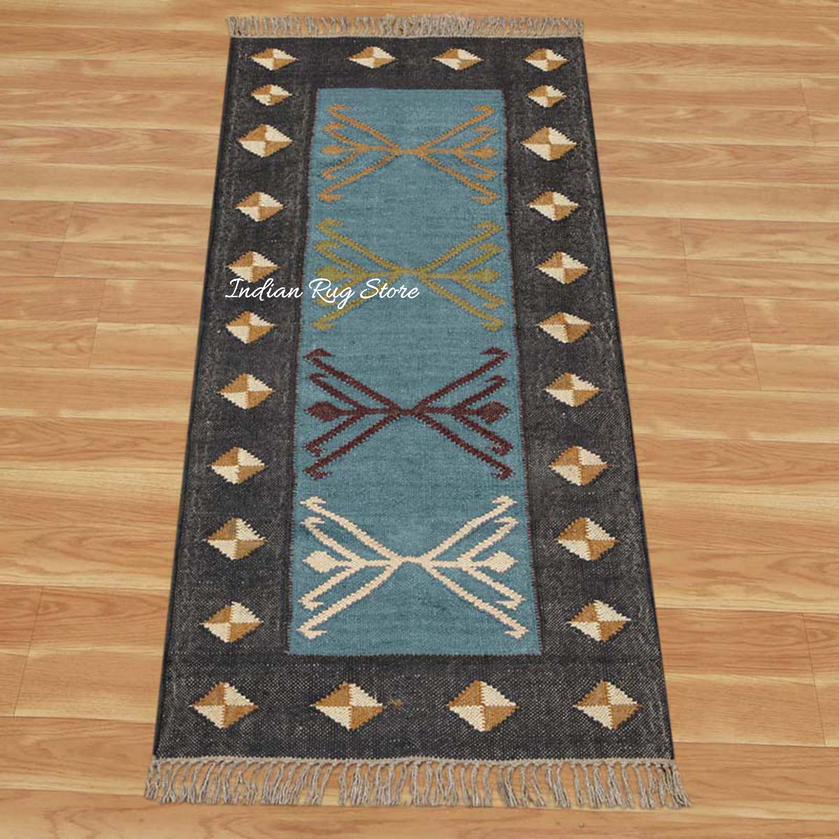 Alfombra de cocina india tejida a mano de yute Kilim en color gris y multicolor