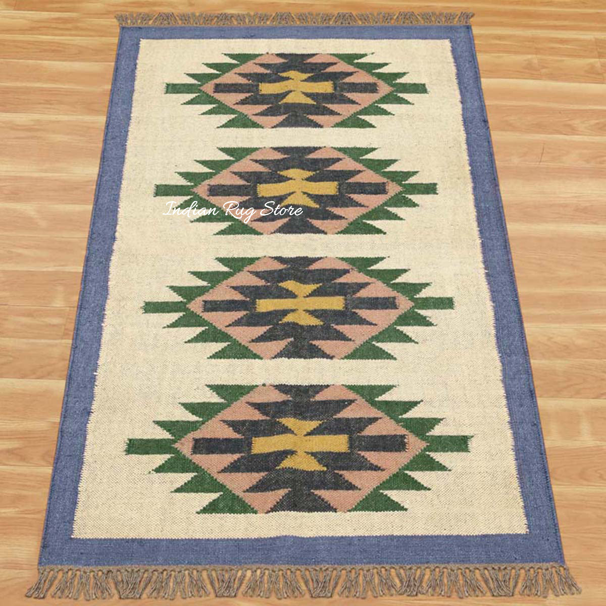 Geometric Indian Hand Woven Blue Beige Wool Jute Rug