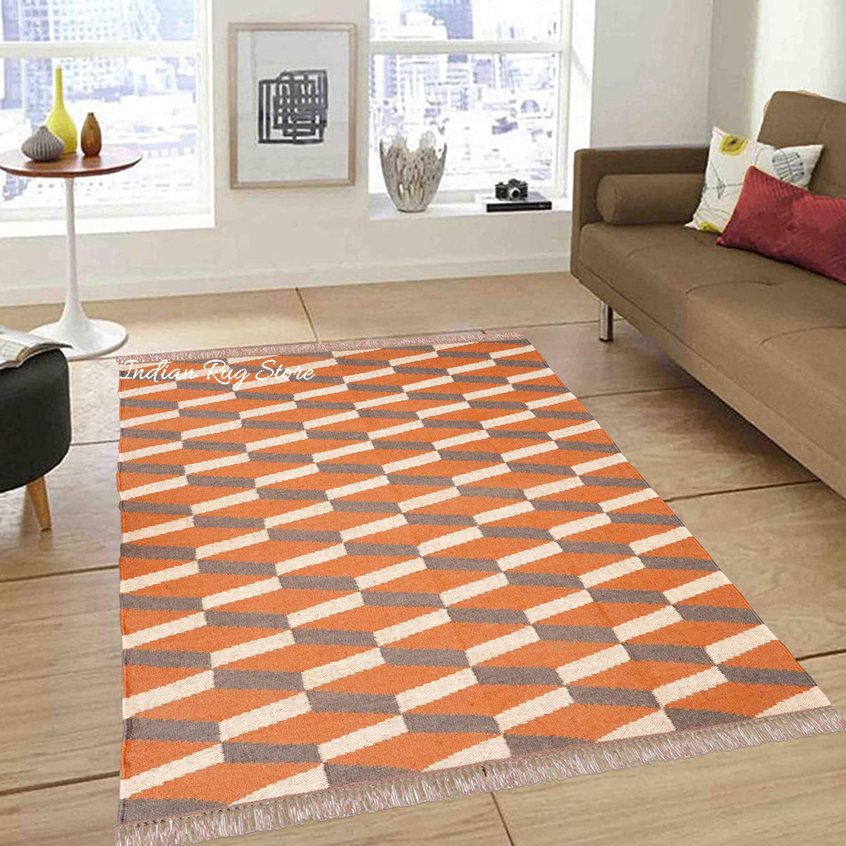 Orange Brown Indian Hand Woven Geometric Trendy Wool Jute Rug