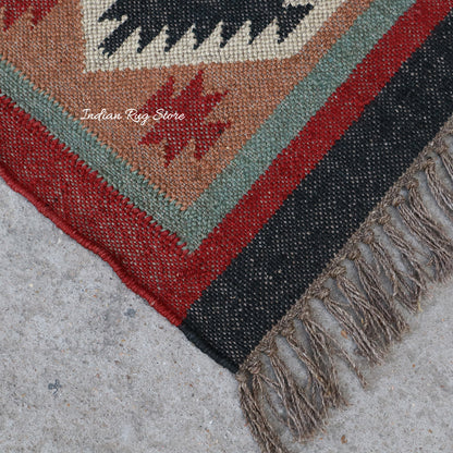 Red White Indian Hand Woven Geometric Dining Room Wool Jute Rug