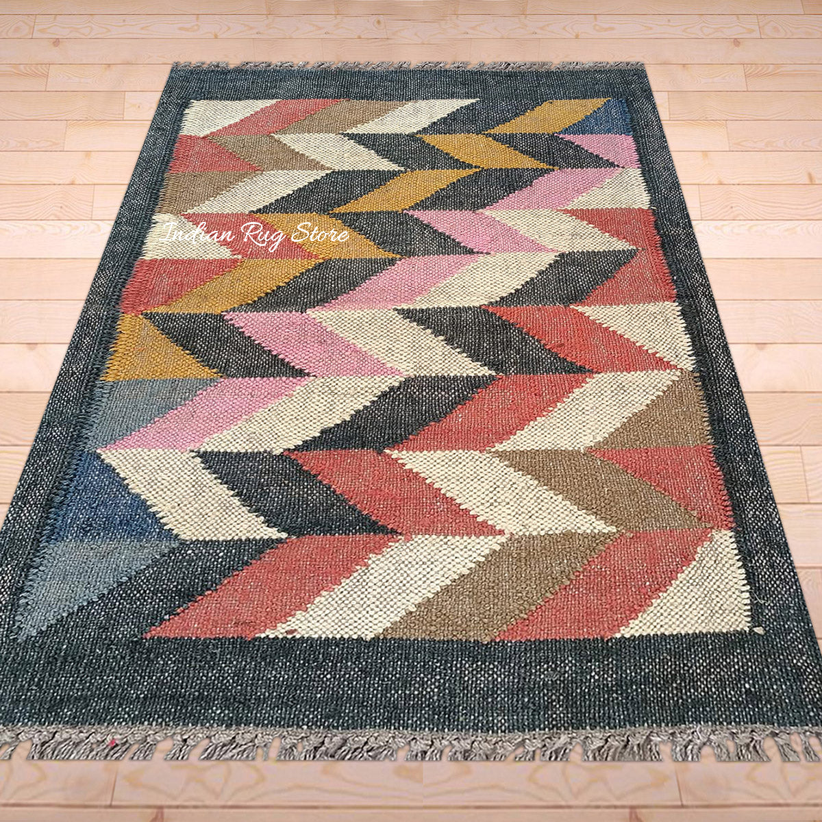 Indian Hand Woven Multicolor Geometric Home Decor Wool Jute Rug