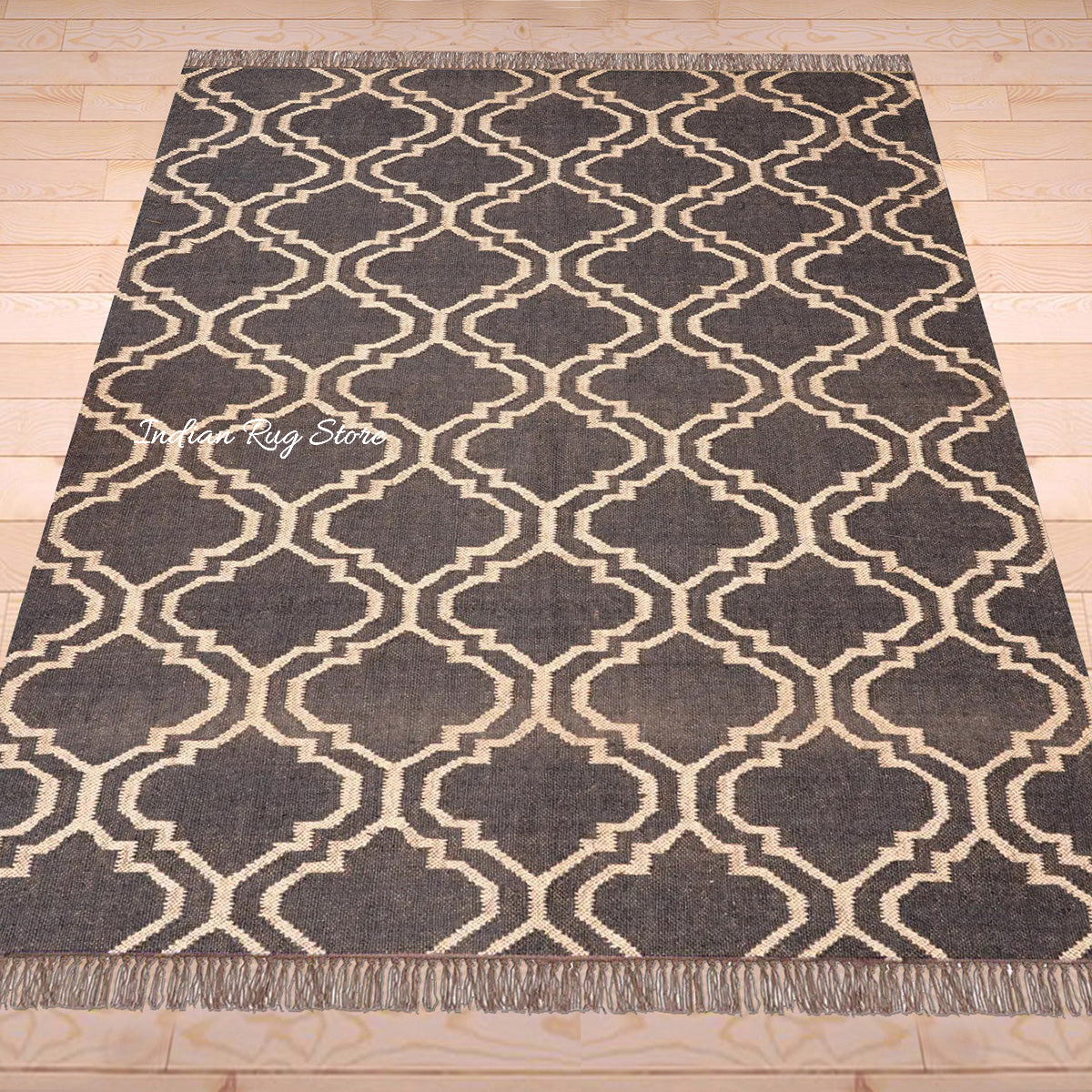 Black Brown Indian Hand Woven Geometric Trendy Wool Jute Rug