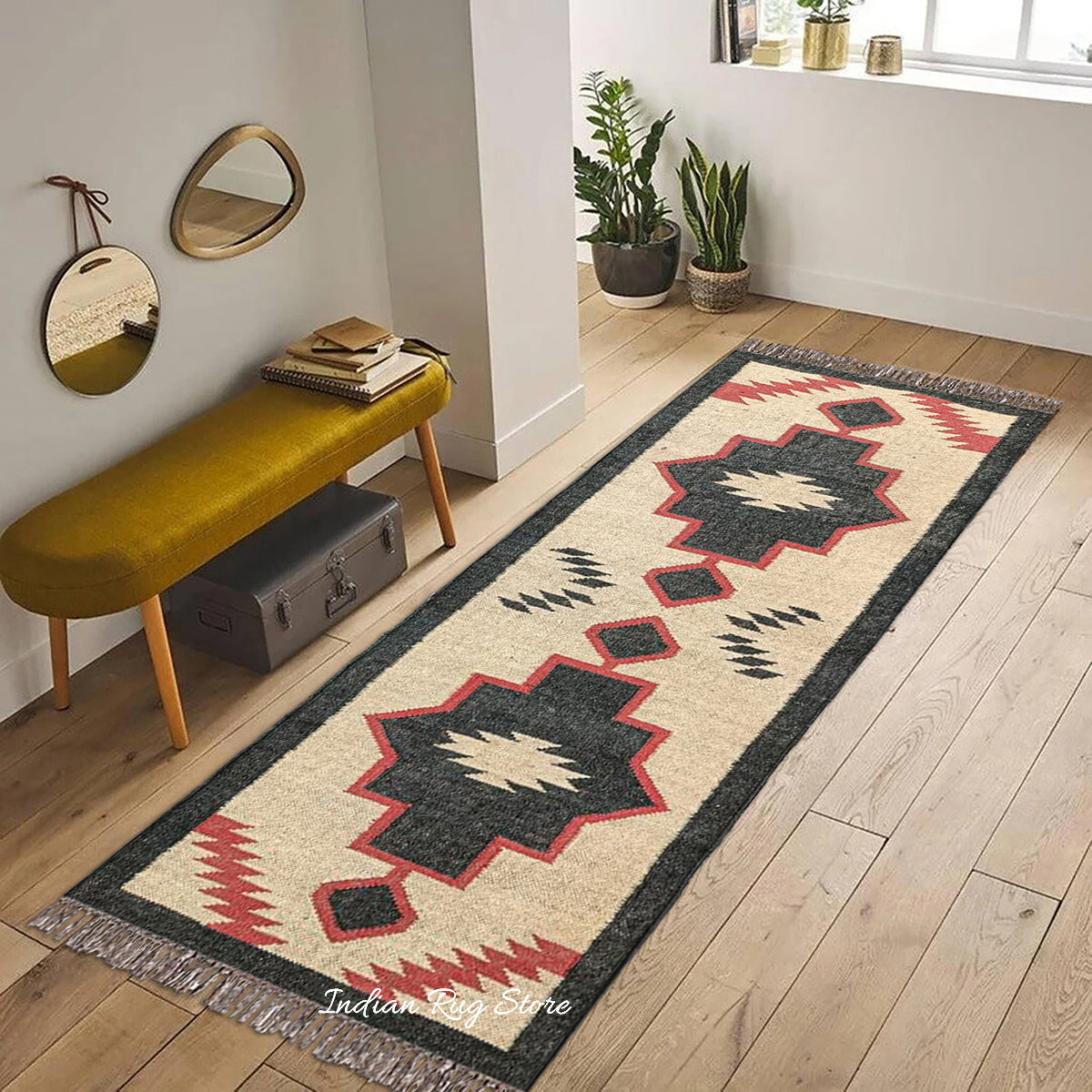 Indian Hand Woven Brown Black Geometric Hallway Decor Wool Jute Rug