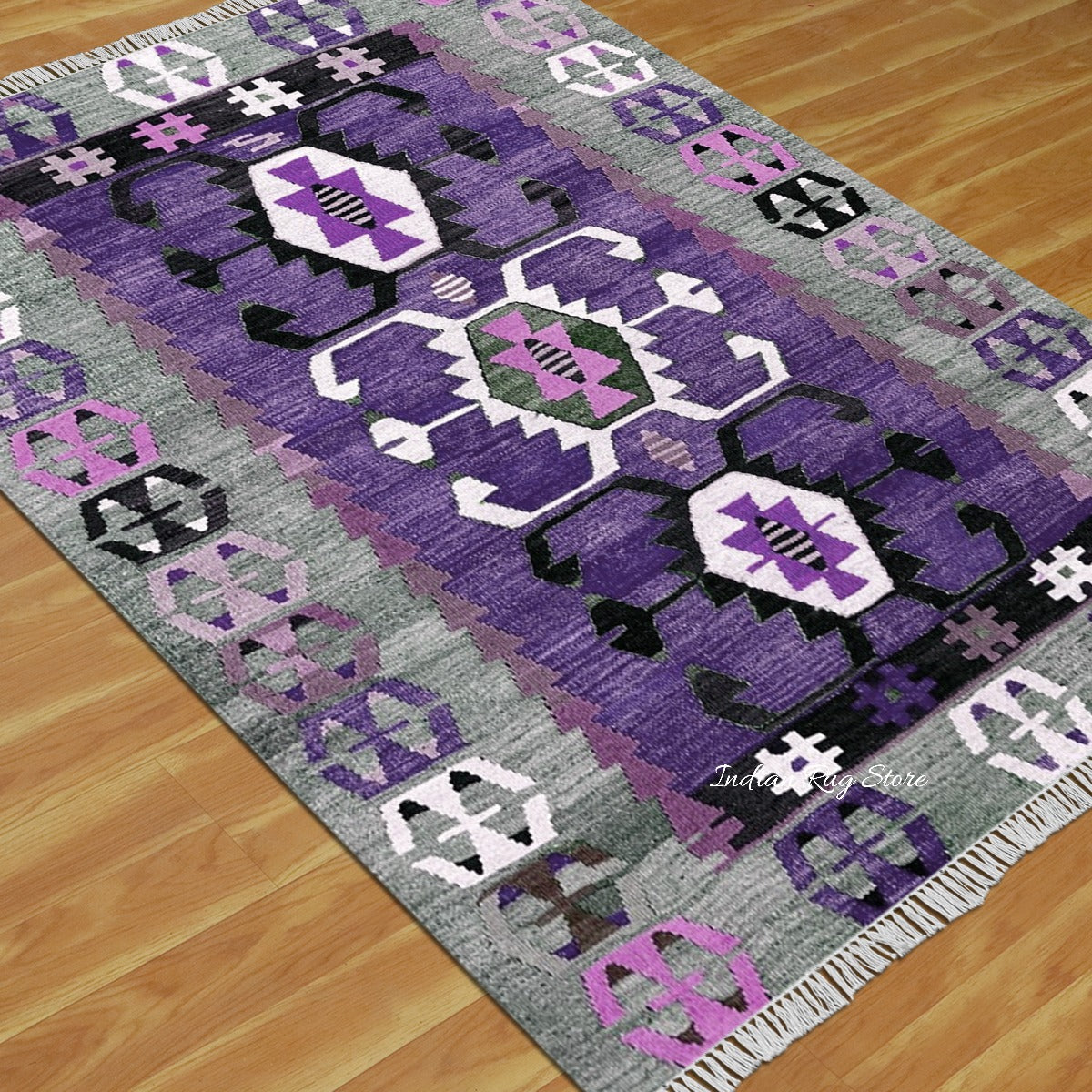 Purple and Gray Hand Woven Wool Area Rug for Living Room