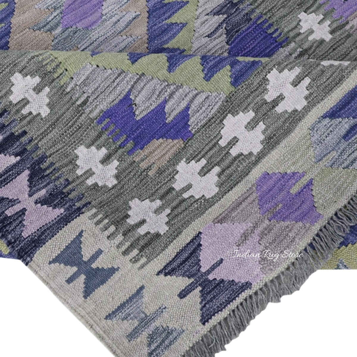 Hand Woven Wool Blue and Gray Black Hall Area Rug