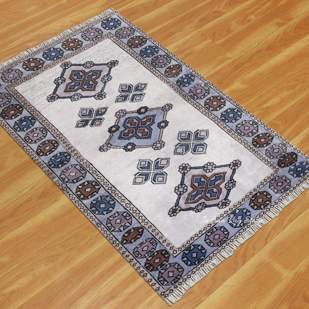 Natural Blue and Gray Bordered White Wool Area Rug