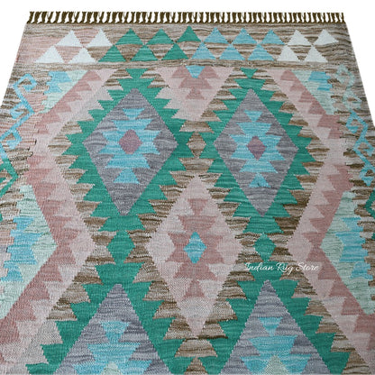 Hand Woven Green Wool Area Rug for Lining Room