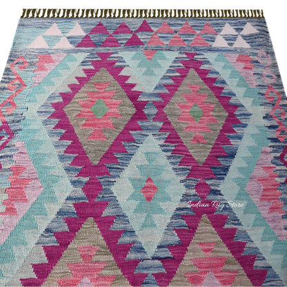 Pink and Blue Hand Woven Wool Bedroom Area Rug