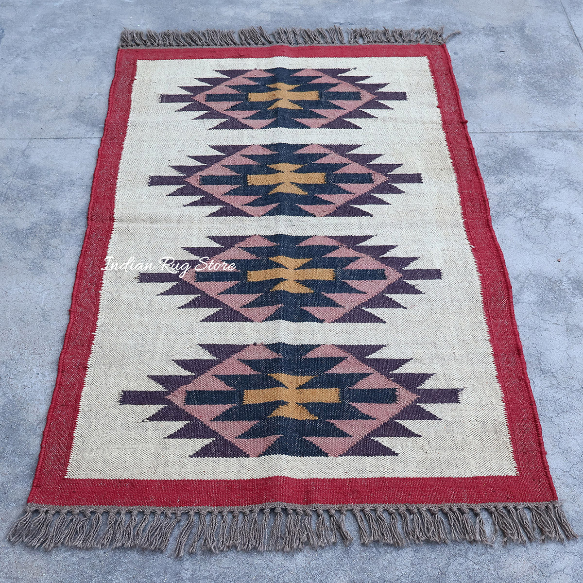 White Red Indian Hand Woven Geometric Dining Hall Wool Jute Rug