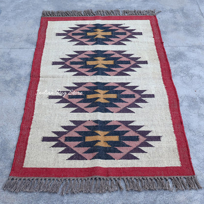 White Red Indian Hand Woven Geometric Dining Hall Wool Jute Rug