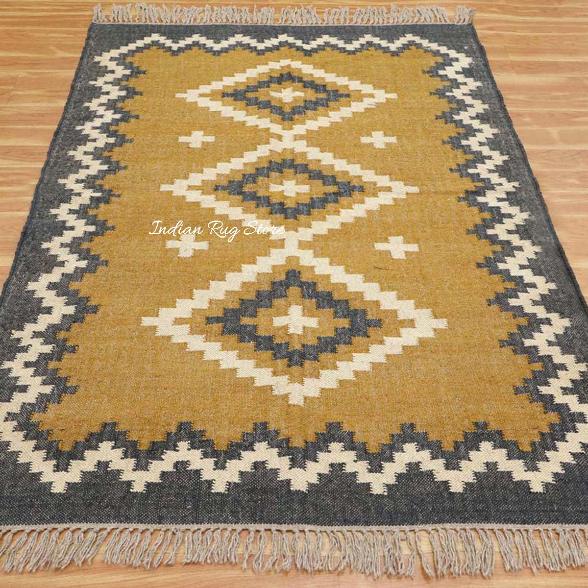 Indian Hand Woven Geometric Yellow Gray Wool Jute Rug