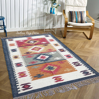 Beautiful Hand Woven Indian Geometric Traditional Multicolor Wool Jute Rug