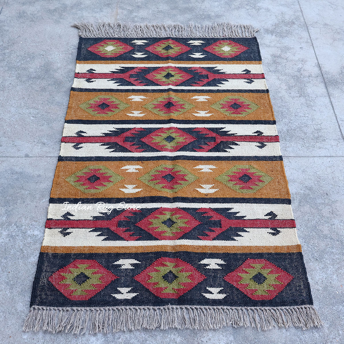 Multicolor Indian Hand Woven Geometric Dining Hall Wool Jute Rug