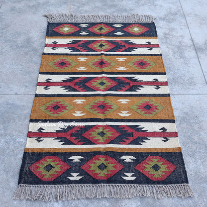 Alfombra de yute y lana tejida a mano con motivos geométricos de la India en varios colores para el comedor