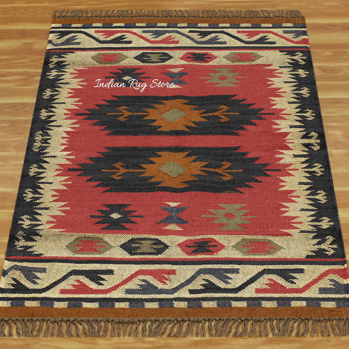 Red Black Hand Woven Geometric Living Area Wool Jute Rug