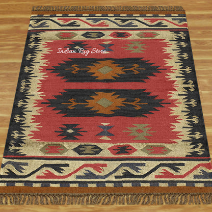 Red Black Hand Woven Geometric Living Area Wool Jute Rug