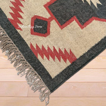 Indian Hand Woven Brown Black Geometric Hallway Decor Wool Jute Rug