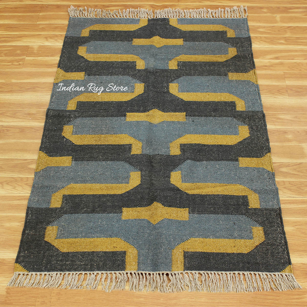 Indian Hand Woven Gray Yellow Musterd Geometric Wool Jute Rug