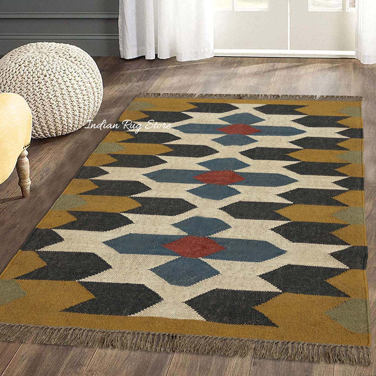 Indian Hand Woven Geometric Yellow Beige Wool Jute Rug