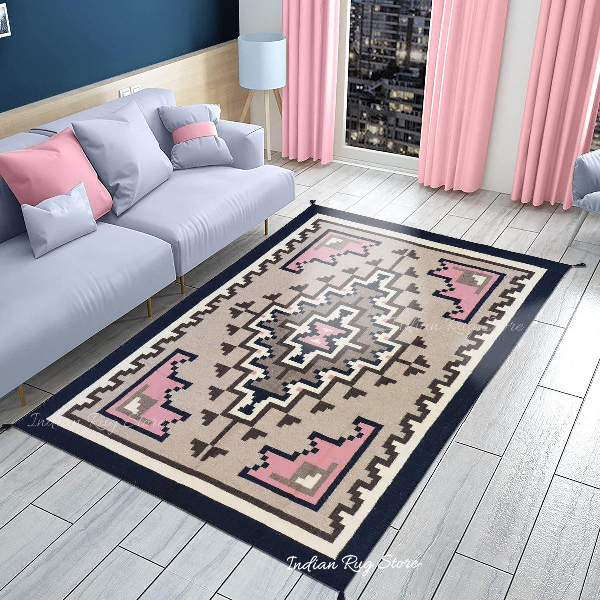 Tappeto Kilim indiano grigio in cotone tessuto a mano per grandi superfici CK-525