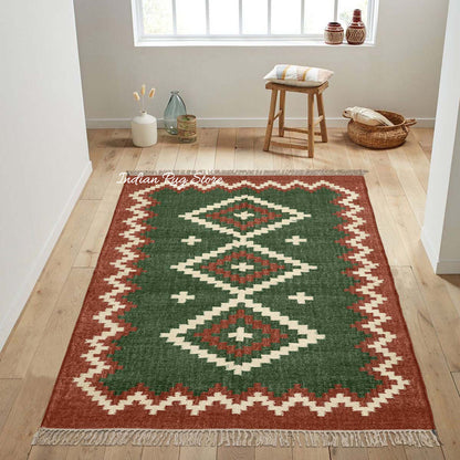 Geometric Hand Woven Dark Green Brown Interior Decor Wool Jute Rug