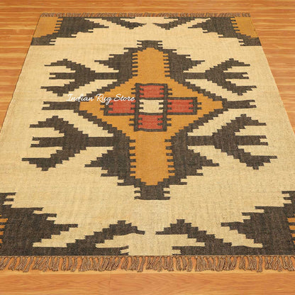 Hand Woven Geometric Beige Black Home Decor Wool Jute Rug