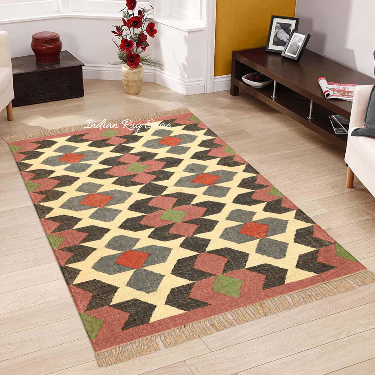 Rectangle Rust Multicolor Hand Woven Geometric Interior Wool Jute Rug