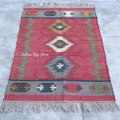 Gray Red Indian Hand Woven Geometric Dining Hall Wool Jute Rug