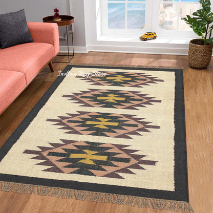 Multicolor Black Geometric Hand Woven Farm House Wool Jute Rug