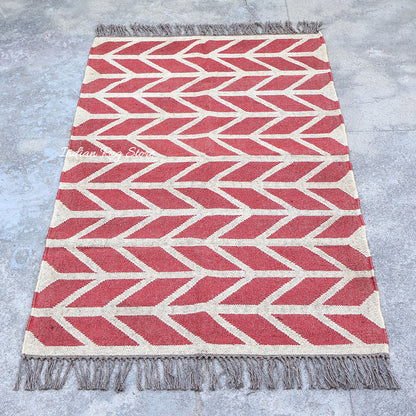 Red White Indian Hand Woven Geometric Dining Hall Beautiful Wool Jute Rug