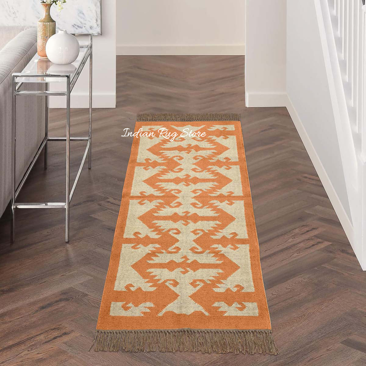 Indian Hand Woven Beige Orange Wool Dining Area Rug