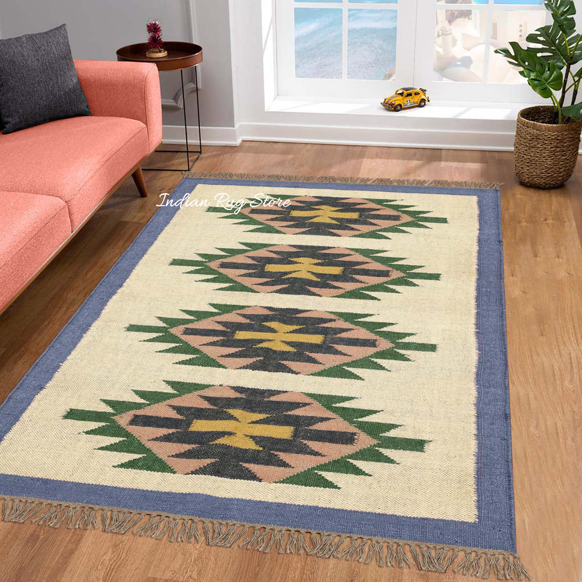 Geometric Indian Hand Woven Blue Beige Wool Jute Rug