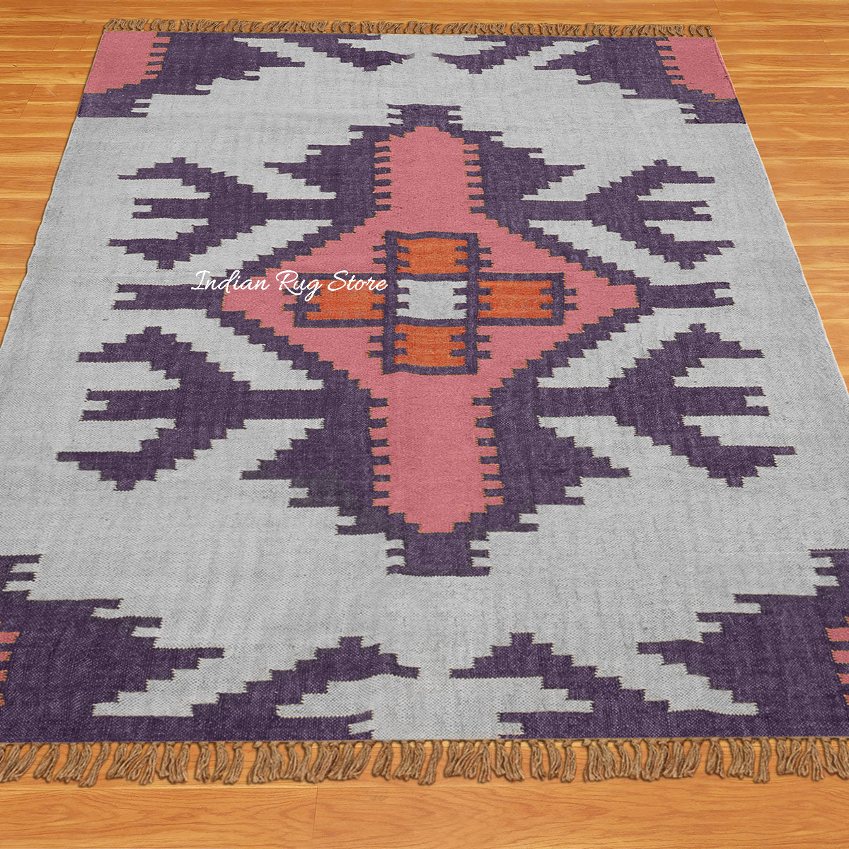 Rectangle Hand Woven Solid Pink Indigo Geometric Out House Wool Jute Rug