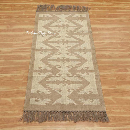 Indian Hand Woven Geometric Beige Brown Wool Jute Rug