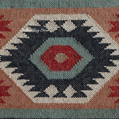 Red White Indian Hand Woven Geometric Dining Room Wool Jute Rug